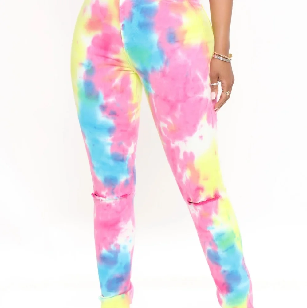 NWT Fashion Nova Pink Yellow Blue Tie Dye Denim High Rise Pants Jeans - Picture 5 of 16